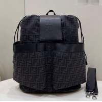 Top Design Fendi Drawstring Backpack in FF Jacquard Fabric 8583 Black 2022