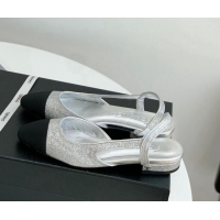 Grade Quality Chanel Glitter & Grosgrain Slingbacks Flats G31319 Silver 030375