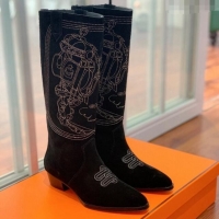 Unique Style Hermes Embroidered Suede High Boots Black 090905