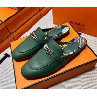 Good Quality Hermes Kelly Calfskin Flat Mules Green 090908