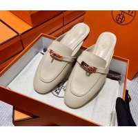 Grade Quality Hermes Kelly Calfskin Flat Mules Light Beige 090909