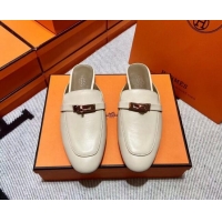 Stylish Hermes Kelly Calfskin Flat Mules Light Beige 090911