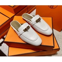 Fashion Hermes Kelly Calfskin Flat Mules Snow White 090912