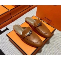 Best Grade Hermes Kelly Calfskin Flat Mules Brown 090913