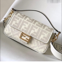 Inexpensive Fendi Baguette Medium Bag in FF Canvas FD1280 White 2023