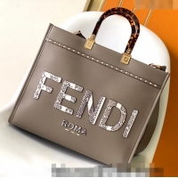 Grade Design Fendi Sunshine Leather Medium Shopper Bag with Snakeskin Print FD8372 Grey 2023