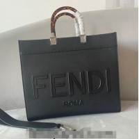 Popular Style Fendi Sunshine Grained Leather Medium Shopper Bag FD8372 Black 2023