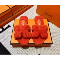 Good Quality Hermes Oran Shearling Wool Flat Slide Sandals Orange 092185