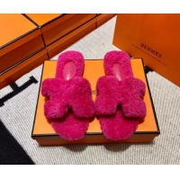 Luxury Cheap Hermes Oran Shearling Wool Flat Slide Sandals Dark Pink 092187