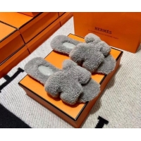 Top Design Hermes Oran Shearling Wool Flat Slide Sandals Grey 092189