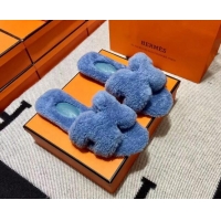 Good Product Hermes Oran Shearling Wool Flat Slide Sandals Blue 092190