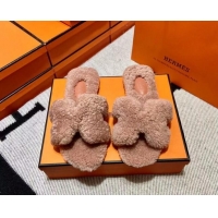 Cheap Price Hermes Oran Shearling Wool Flat Slide Sandals Nude 092191