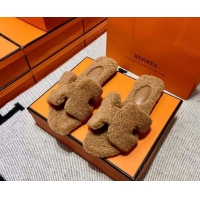 Discount Hermes Oran Shearling Wool Flat Slide Sandals Camel 092192