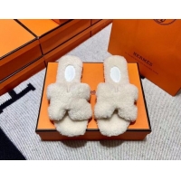 Duplicate Hermes Oran Shearling Wool Flat Slide Sandals White 092193