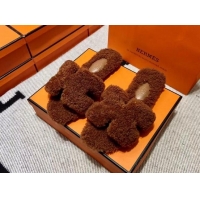 Shop Duplicate Hermes Oran Shearling Wool Flat Slide Sandals Brown 092194