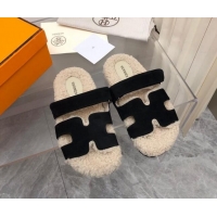 Sumptuous Hermes Chypre Shearling and Suede Flat Sandals Black 092196