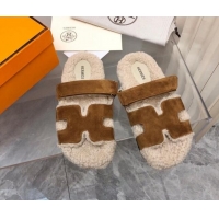 Good Quality Hermes Chypre Shearling and Suede Flat Sandals Brown 092197