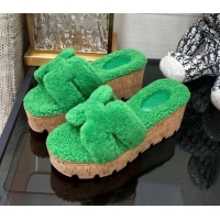 Sumptuous Hermes Teddy Fur Platform Slide Sandals Green 101042