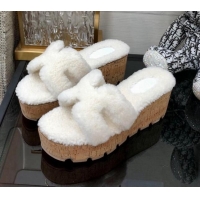 Good Quality Hermes Teddy Fur Platform Slide Sandals White 101043