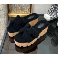 Classic Hot Hermes Teddy Fur Platform Slide Sandals Black 101044