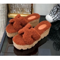 Grade Quality Hermes Teddy Fur Platform Slide Sandals Brown 101045