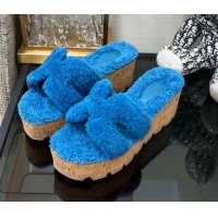 Stylish Hermes Teddy Fur Platform Slide Sandals Blue 101046