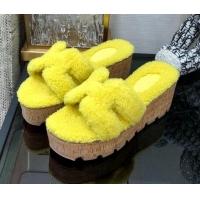 Perfect Hermes Teddy Fur Platform Slide Sandals Yellow 101047