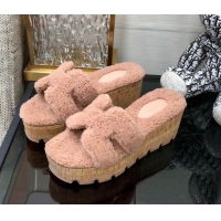 Charming Hermes Teddy Fur Platform Slide Sandals Nude 101048