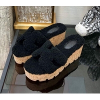 Hot Style Hermes Teddy Fur Platform Slide Sandals Black 101049