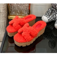 1:1 aaaaa Hermes Teddy Fur Platform Slide Sandals Red 101050