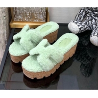 Duplicate Hermes Teddy Fur Platform Slide Sandals Mint Green 101051