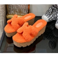 Low Price Hermes Teddy Fur Platform Slide Sandals Orange 101052