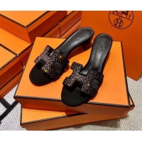 Good Looking Hermes Classic Crystal Suede Medium Heel Slide Sandals 4.5cm Black/Gold 101111