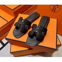 Best Product Hermes Classic Crystal Suede Flat Slide Sandals Black/Silver 1101113