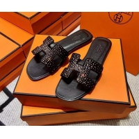 Pretty Style Hermes Classic Crystal Suede Flat Slide Sandals Black/Gold 1101114