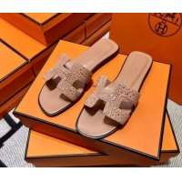 Unique Style Hermes Classic Crystal Suede Flat Slide Sandals Nude 1101115