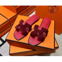 Crafted Hermes Classic Suede Flat Slide Sandals Burgundy 2110203