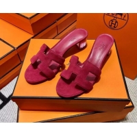 Top Grade Hermes Classic Suede Medium Heel Slide Sandals 4.5cm Fuchsia 2110204