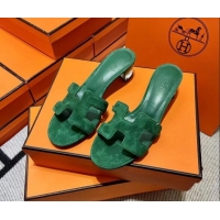 Grade Quality Hermes Classic Suede Medium Heel Slide Sandals 4.5cm Green 2110206