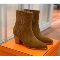 Shop Duplicate Hermes Suede Medium Heel Ankle Boots 7cm Brown 110214