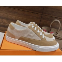 Duplicate Hermes Deep Sneakers Ribbed Fabric and Suede Light Brown 110440