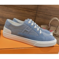 Stylish Hermes Deep Sneakers Ribbed Fabric and Suede Blue 110441