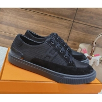 Charming Hermes Deep Sneakers Ribbed Fabric and Suede Black 110443