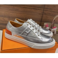 Luxury Hermes Deep Sneakers in Smooth Leather Silver 110448