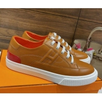 Sophisticated Hermes Deep Sneakers in Smooth Leather Brown/Red 110449