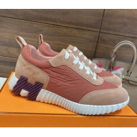 Discount Hermes Bouncing Sneakers in Parachute Fabric and Suede Pink 110456