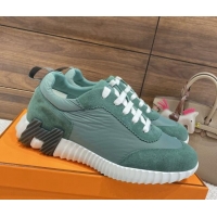 1:1 aaaaa Hermes Bouncing Sneakers in Parachute Fabric and Suede Green 110458