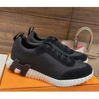 Stylish Hermes Bouncing Sneakers in Knit Fabric and Suede Black 110469