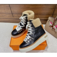 Best Product Hermes Flocon Lace-up Ankle Boots in Calfskin and Wool Black 221208