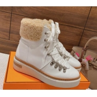 Best Price Hermes Flocon Lace-up Ankle Boots in Calfskin and Wool White 221209